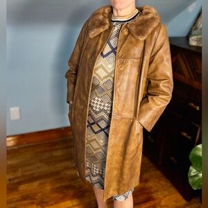 Vintage Brown Leather Coat with Fur Collar